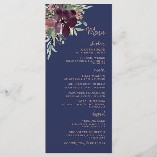 Elegant Floral Waterverf Roos Gold Navy Wedding Menu (Voorkant)