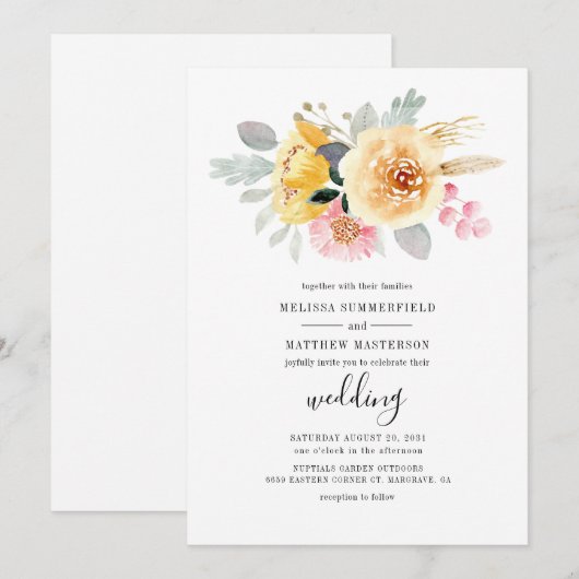 Elegant Floral Waterverf Script Botanical Wedding Kaart (Voorkant / Achterkant)