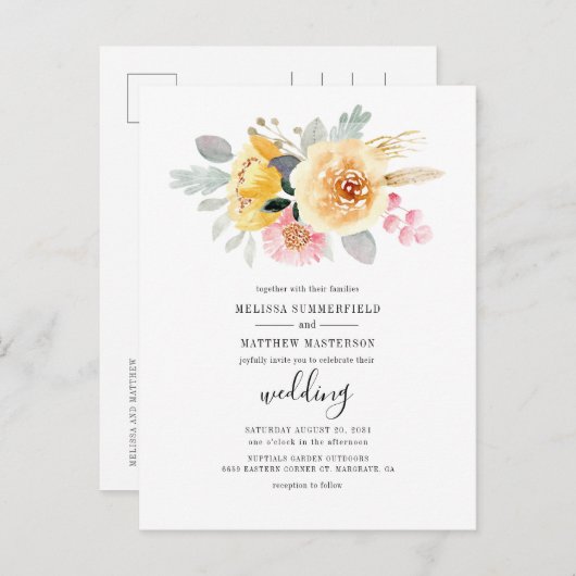Elegant Floral Waterverf Script Botanical Wedding Uitnodiging Briefkaart (Voorkant / Achterkant)