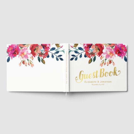 Elegant Floral Waterverf Stylish Gold Wedding Gastenboek (Volledig)