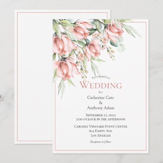 Elegant Floral Waterverf Wedding Invitation Kaart (Voorkant / Achterkant)