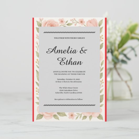 Elegant Floral Waterverf Wedding Invitation Kaart (Staand voorkant)