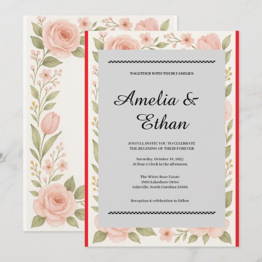 Elegant Floral Waterverf Wedding Invitation Kaart (Voorkant / Achterkant)