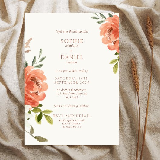 Elegant Floral Waterverf Wedding Invitation Kaart