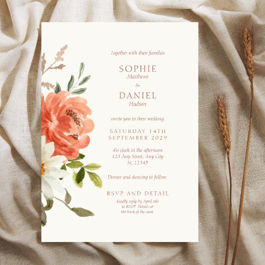 Elegant Floral Waterverf Wedding Invitation Kaart