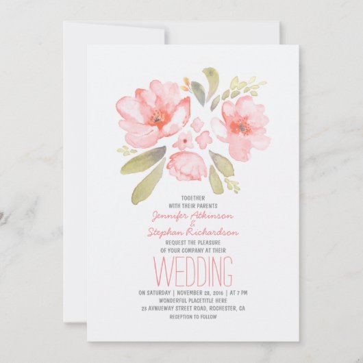 Elegant Floral Waterverf Wedding Invitations Kaart (Voorkant)