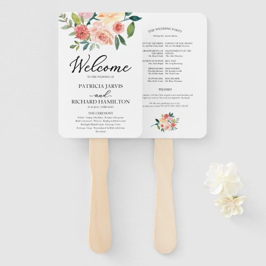 Elegant Floral Waterverf Wedding Programme Handwaaier (Voorkant en achterkant)