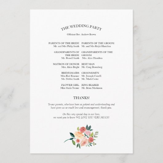 Elegant Floral Waterverf Wedding Programme Programmakaart (Achterkant)