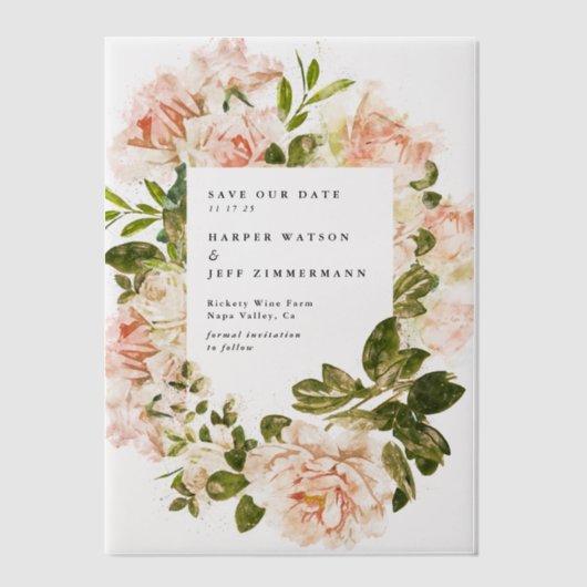 Elegant Floral Waterverf Wedding Save the Date Vellum Uitnodigingen (Voorkant)