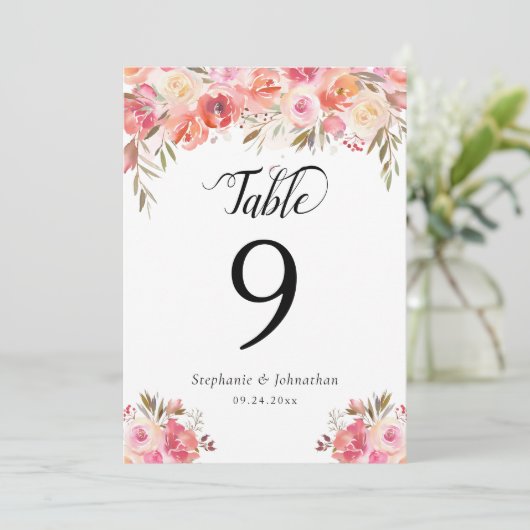 Elegant Floral Waterverf Wedding Table Number (Staand voorkant)