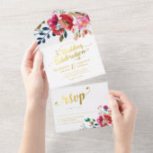 Elegant Floral Waterverf White Gold Wedding All In One Uitnodiging (Afscheurbaar)