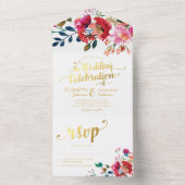 Elegant Floral Waterverf White Gold Wedding All In One Uitnodiging (Binnen)