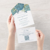 Elegant Floral Wedding Blue Hydrangeas QR Code All In One Uitnodiging (Afscheurbaar)