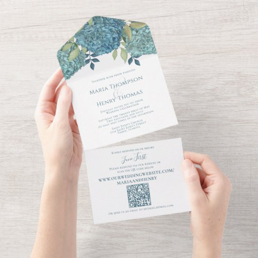 Elegant Floral Wedding Blue Hydrangeas QR Code All In One Uitnodiging (Afscheurbaar)