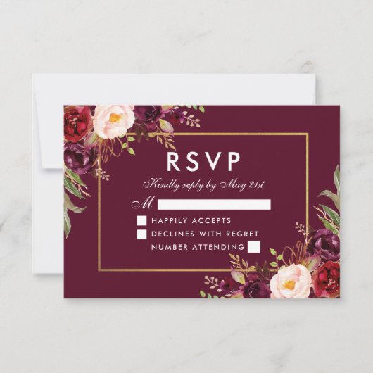 Elegant Floral Wedding Burgundy Gold RSVP (Voorkant)