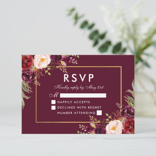 Elegant Floral Wedding Burgundy Gold RSVP (Staand voorkant)
