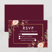 Elegant Floral Wedding Burgundy Gold RSVP (Voorkant / Achterkant)