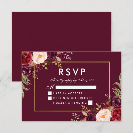 Elegant Floral Wedding Burgundy Gold RSVP (Voorkant / Achterkant)
