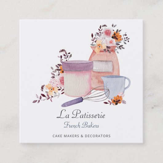 Elegant Floral Wedding Cake Makers Bakery Baking Vierkante Visitekaartje (Voorkant)