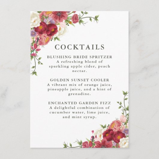 Elegant Floral Wedding Cocktail Menu (Voorkant)