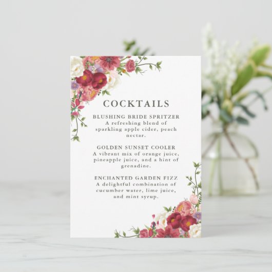 Elegant Floral Wedding Cocktail Menu (Staand voorkant)