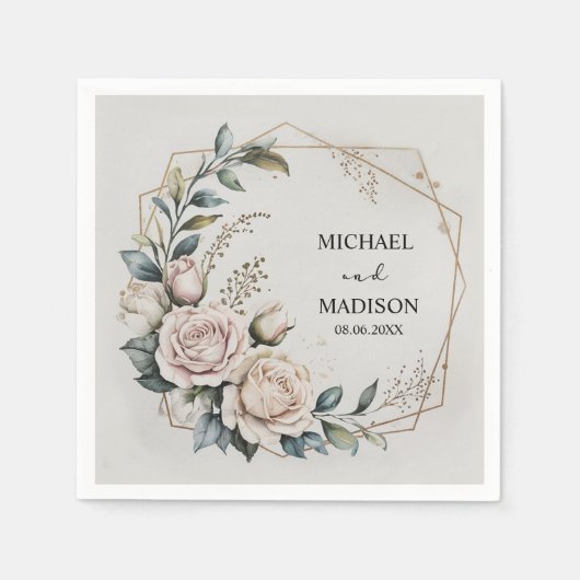 Elegant Floral Wedding Custom Names & Date Gold Servet (Voorkant)
