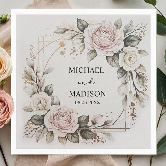 Elegant Floral Wedding Custom Names & Date Gold  Servet