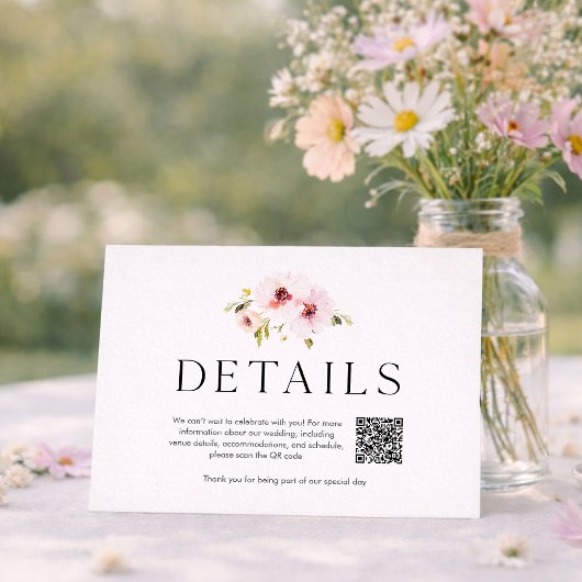 Elegant Floral Wedding Details Card with QR Code RSVP Kaartje