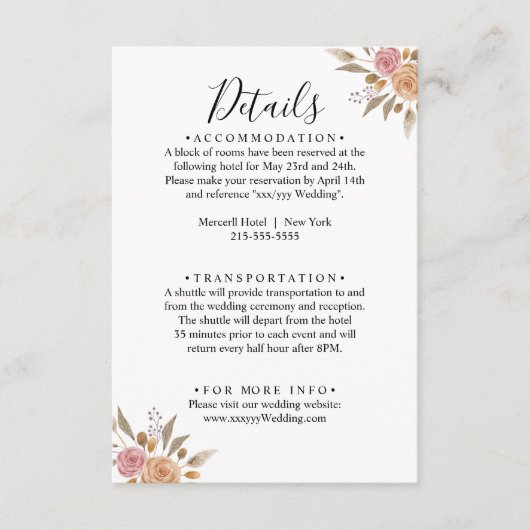 Elegant Floral Wedding Informatiekaartje (Voorkant)