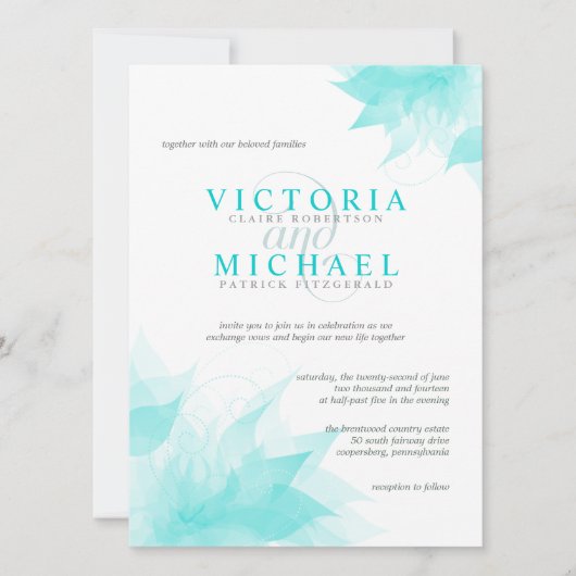 Elegant Floral Wedding Invitation-Blauwgroen Blue Kaart (Voorkant)