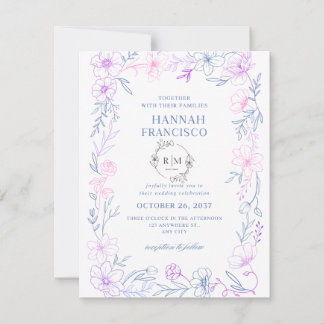 : Elegant Floral Wedding Invitation Card Blue  RSVP Kaartje