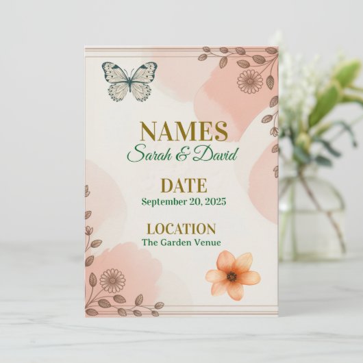 Elegant Floral Wedding Invitation Customizable. Kaart (Staand voorkant)