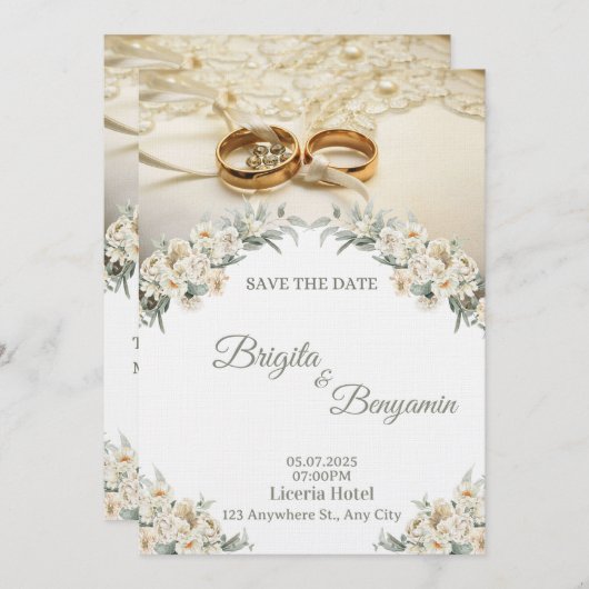 Elegant Floral Wedding Invitation – Customizable Kaart (Voorkant / Achterkant)