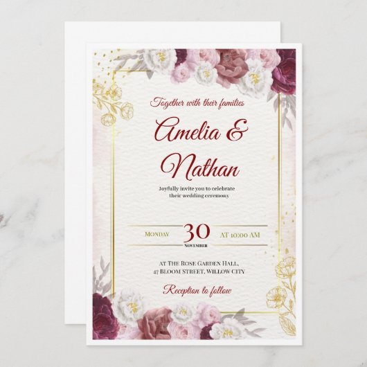 Elegant Floral Wedding Invitation Kaart (Voorkant / Achterkant)