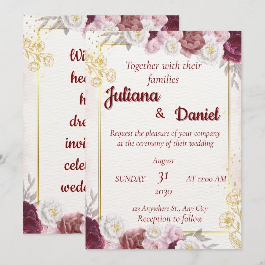 Elegant Floral Wedding Invitation Kaart (Voorkant / Achterkant)