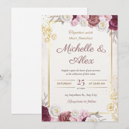 Elegant Floral Wedding Invitation Kaart (Voorkant / Achterkant)