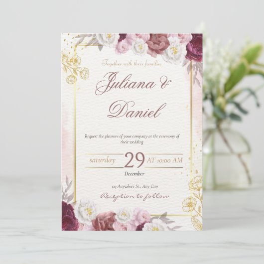 Elegant Floral Wedding Invitation Kaart (Staand voorkant)