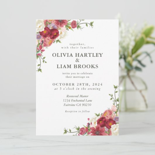 Elegant Floral Wedding Invitation  Kaart (Staand voorkant)