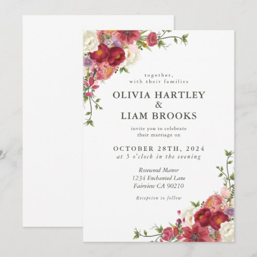 Elegant Floral Wedding Invitation Kaart (Voorkant / Achterkant)