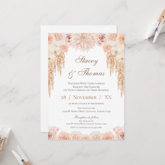 Elegant Floral Wedding Invitation Kaart (Voorkant / Achterkant in situ)