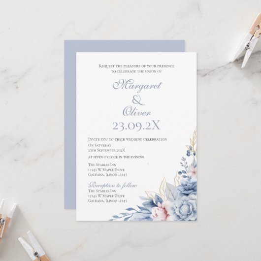 Elegant Floral Wedding Invitation Kaart (Voorkant / Achterkant in situ)