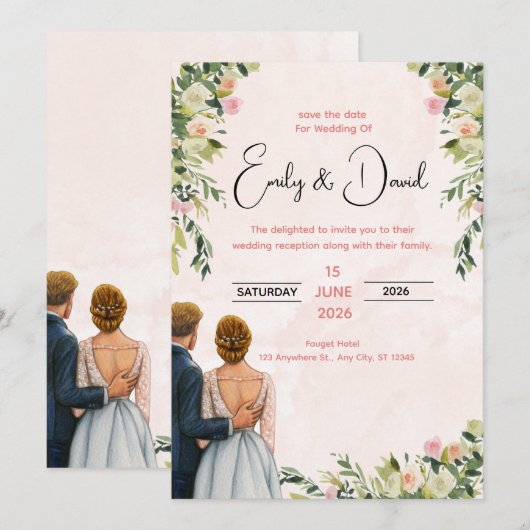 Elegant Floral Wedding Invitation Kaart (Voorkant / Achterkant)