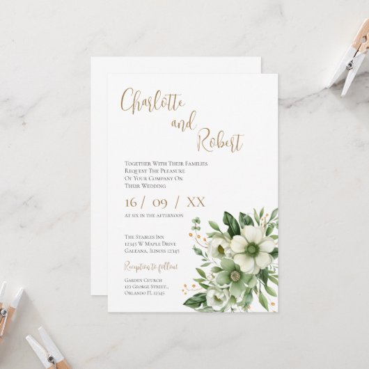 Elegant Floral Wedding Invitation Kaart (Voorkant / Achterkant in situ)