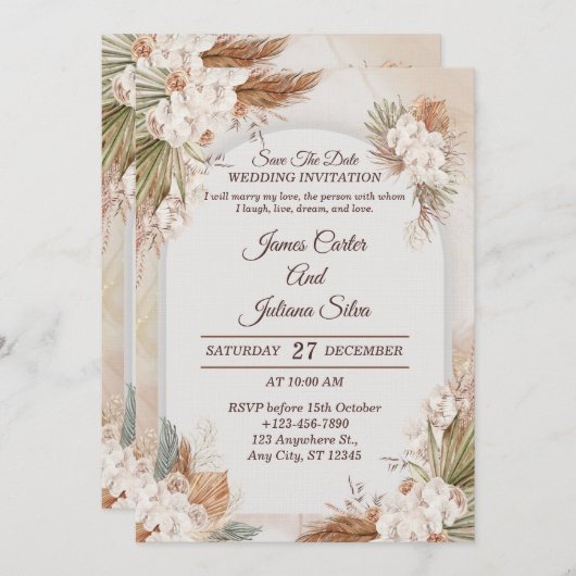 Elegant Floral Wedding Invitation Modern card Kaart (Voorkant / Achterkant)