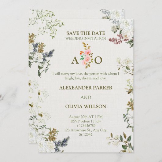 Elegant Floral Wedding Invitation – Modern CARD Kaart (Voorkant / Achterkant)
