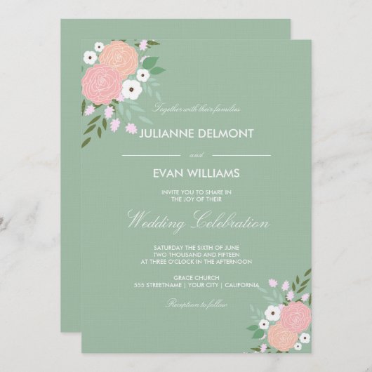 Elegant Floral Wedding Invitation - Munt Kaart (Voorkant / Achterkant)