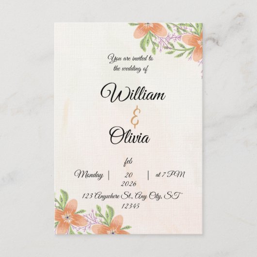 Elegant Floral Wedding Invitation | Peach & Green  Kaart (Voorkant)