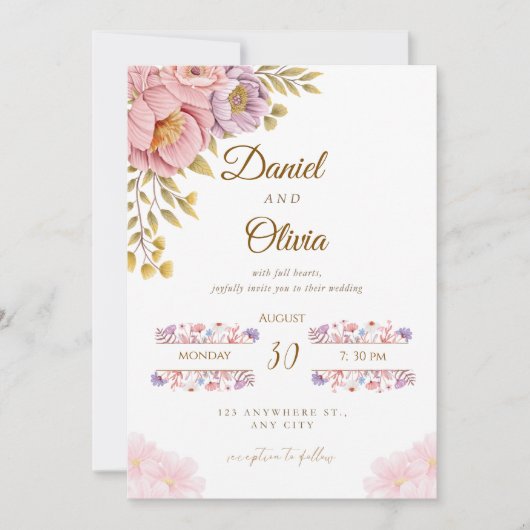 Elegant Floral Wedding Invitation | Romantic Pink Kaart (Voorkant)