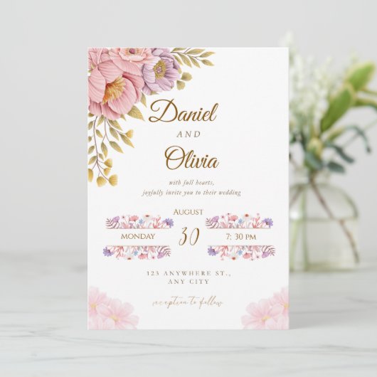 Elegant Floral Wedding Invitation | Romantic Pink  Kaart (Staand voorkant)