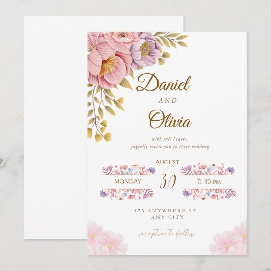 Elegant Floral Wedding Invitation | Romantic Pink  Kaart (Voorkant / Achterkant)